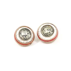 2 Tibetan Beads Red Fancy White Crackle Loose - Picture 1 of 7