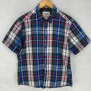 Esprit Button Shirt Mens XL (runs like Large) Short Sleeve Blue Red Plaid Casual - Picture 1 of 14