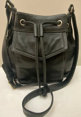 VTG Fossil Key Crossbody handbag Bucket Bag Tote Women Black Leather Drawstring - Image 1 of 4