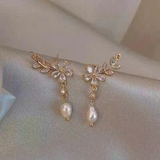 3.0Ct Oval Natural Pearl Leaf Climber Drop Dangle Earrings 14k Rose Gold Plated