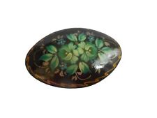 Vintage Hand painted Signed Russian Green Floral Lacquer Oval Pin Brooch