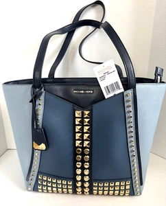 Michael Kors Whitney Large Studded Saffiano Leather Power Blue MLT Tote Bag - Picture 1 of 12
