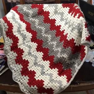 Handmade Crochet Afghan Porch Throw Blanket Fall Red, Gray & White 34” X 36” - Picture 1 of 3