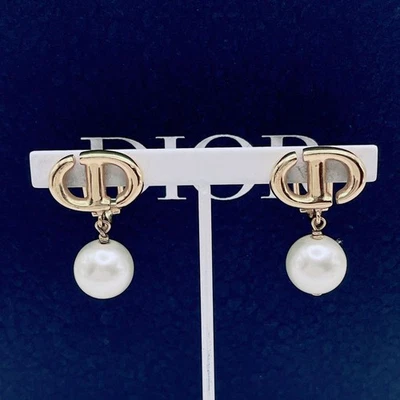 罕见 迪奥 海军蓝 珍珠吊坠耳环 CD 金色 正品 完好 — 第 1/4 张图片