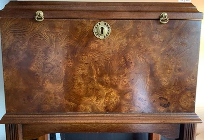 Vintage Burl Wood Chest Box on Stand with Brass Hardware Keyhole Accent - Image 1 of 4