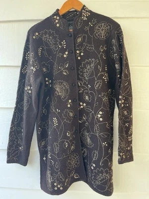 Chaqueta Carole Little Marrón Oscuro con Bordado Hoja Dorada De Colección 100% Lana M  Foto 1 de 4