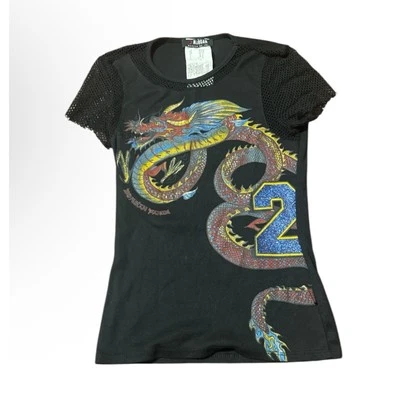 Morgan De Toi Y2k Vintage Top Glitter Asian Dragon Baby Tee Rare Grail Small - Image 1 of 4
