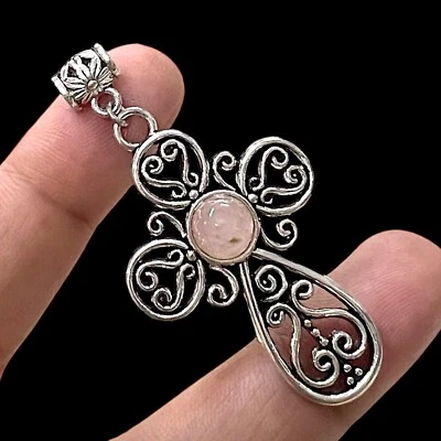 Colgante hecho a mano de cuarzo rosa enchapado en plata 925 de 2" Foto 1 de 3