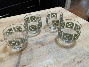 Vintage MCM Roly Poly Glasses 6 Ounce - Green/gold geometric design- Set of 4 - Picture 1 of 4
