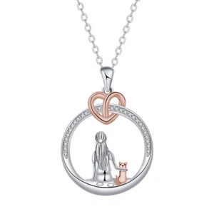 European Women Girl and Rose Cat Pendant Necklace Chain CZ Jewelry Silver Plated - Picture 1 of 4
