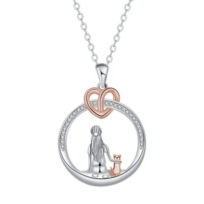 European Women Girl and Rose Cat Pendant Necklace Chain CZ Jewelry Silver Plated - Image 1 of 4