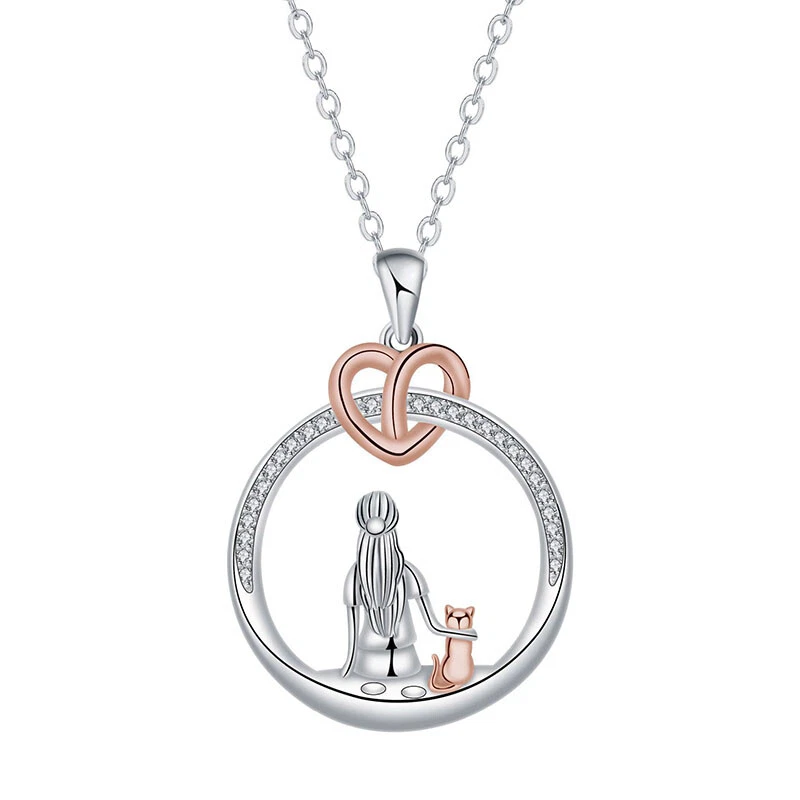 European Women Girl and Rose Cat Pendant Necklace Chain CZ Jewelry Silver Plated - Image 1 of 4