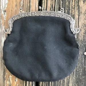 Black Fabric Purse Evening Bag Silver Fish Frame Floral Lining Italy Vtg 30s 40s - Picture 1 of 12