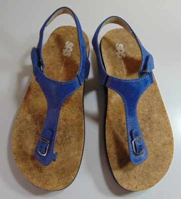 SAS Womens Marina T Strap Thong Sandals Size 8W WIDE Blue Leather Cork Foot Bed - Image 1 of 4