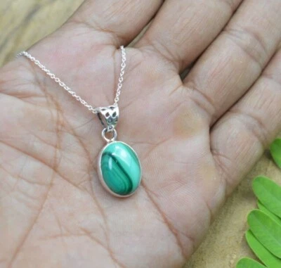 Vintage Verde Malachite Gemma 925 Argento Sterling Collana Ringraziamento Regalo - Immagine 1 di 4