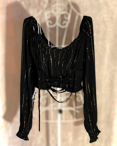 Mystic Threads Top Women Medium Black Smocked Crop Metallic Yarn Ties Size M - Picture 1 of 14