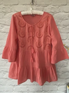 JOE BROWNS SIZE 16 - 18 CORAL COTTON TIERED TASSEL DETAIL SHORT BOHO KAFTAN TOP - Picture 1 of 14