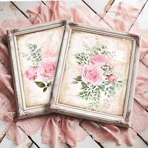 Set of 2 Shabby Chic Prints, Pink Rose Wall Art, Pink Home Decor Blush Roses Art