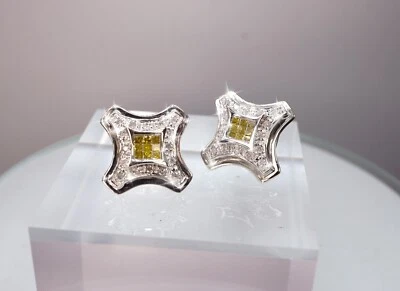 14K White Gold .74 ctw White Round & Princess Cut Yellow Diamond Earrings - Image 1 of 3