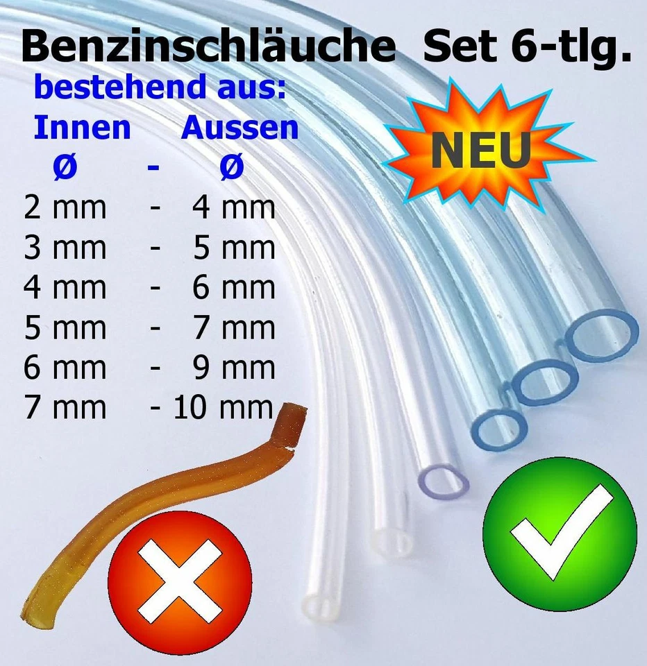 Benzinschlauch Set 6-tlg, Neu,z.b.für Rasenmäher,Ø innen 2,3,4,5,6,7mm, L20-50cm - Bild 1 von 1