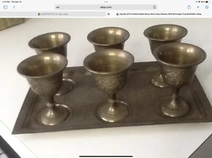 Vtg Set Of 6 Cordial Goblet Brass Shot Cups Glasses With Rectangle Tray BLESSED - Picture 1 of 11