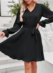 Size Large Black Long Puff Sleeve V Neck Pleated Ruffle Flowy Belted Dress - Picture 1 of 6