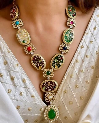 Sabyasachi Inspired Fine Quality Layered Long Emerald Green Faux Zirconium Polki - Image 1 of 4