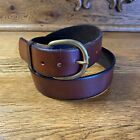 Mens Brown Leather Belt Size 34 Brass Buckle 1.5" Wide