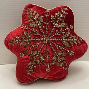 Vintage Velvet Christmas Pillow Beaded Snowflake 12” Red - Picture 1 of 7