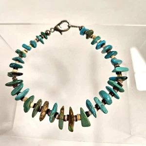Kingman Turquoise, Shell Heishi and Silver Beaded Bracelet W/Lobster Claw Clasp - Picture 1 of 7