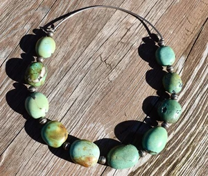 Vintage Genuine Chinese Hubei Turquoise Pebbles Necklace Sterling Silver 19.5* - Picture 1 of 12
