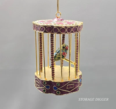 Decoração de árvore enfeite de Natal vintage chinês cloisonne esmalte papagaio pássaro gaiola - Imagem 1 de 4