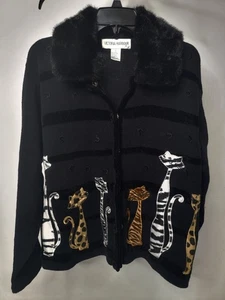 Cardigan maglione/giacca vintage Victoria Harbour taglia grande ricamato gatti - Foto 1 di 7