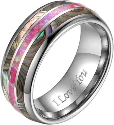 Anillo de boda de carburo de tungsteno de 8 mm I LOVE YOU rosa ópalo abulón promesa alianza Foto 1 de 4