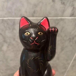 Vintage Black Maneki Neko 1950s Ceramic Lucky Cat with Left Paw Raised FengShui - Picture 1 of 15
