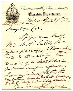 JOHN A ANDREW, Massachusetts Gouverneur Bürgerkrieg, Autogramm Brief signiert, 12093 - Bild 1 von 2