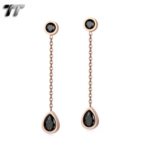 TT Rose Gold S.Steel TearDrop Black CZ Dangle Earrings (EW43D) NEW - Picture 1 of 1
