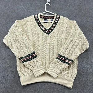 VINTAGE Gap Sweater Men Small Cream Pullover V Neck Cable Knit Preppy Cotton 90s - Picture 1 of 11
