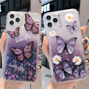 Butterflies Flowers Floating Hearts Liquid Glitter Hard Phone Case For iPhone - Picture 1 of 6