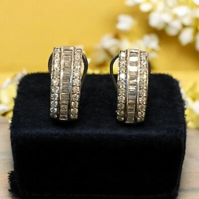 Pave 1.84 Cts Round Baguette Natural Diamonds Three-Row Stud Earrings 14K Gold - Image 1 of 4