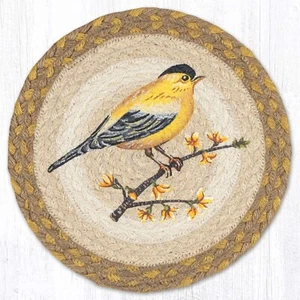Gold Finch Bird 10" Round Trivet Candle Mat, Braided Jute, Earth Rugs, Yellow - Picture 1 of 1