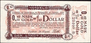 0,42 marcos de oro = 1/10 dólar 1923 - ERLANGEN dinero de emergencia - Serie:23400 - UNC - #F55 - Imagen 1 de 4