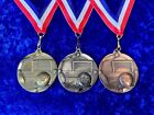 Set of 3 60mm Football Metal Medals on Ribbons Antique Gold, Silver & Bronze