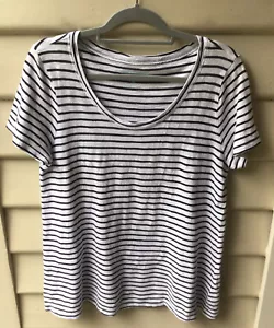 Blue Illusion White Top Black Stripe 100% Cotton M 12 14 Lagenlook Scoop Blouse - Picture 1 of 6