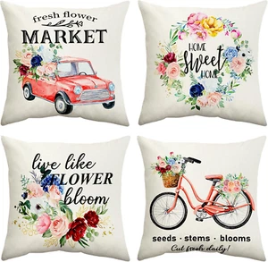 Coliuso Spring Floral Pillow Covers 18X18 Set of 4 Farmhouse Decorations Cushion - Picture 1 of 12