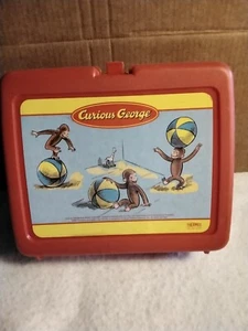 Curious George Plastic Luchbox Playing With Balls With Thermos Vintage - Picture 1 of 12