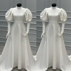 Princess Vintage Satin Wedding Dresses with Sweep Train Bridal Gown Long Sleeves - Picture 1 of 10