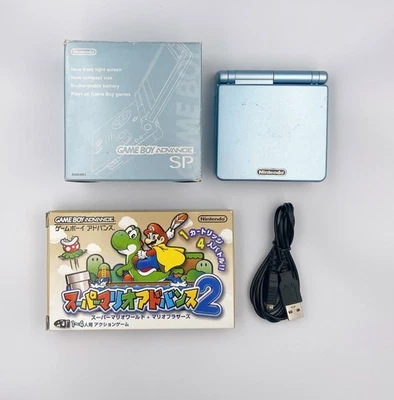 Game Boy Advance SP Console Pearl Blue Box GBA  Mario Tested Japan Region Free - Image 1 of 4