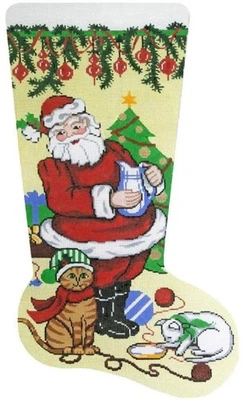 HandPainted Needlepoint Lee Christmas Stocking Santa with Kittens 23" - Image 1 of 4