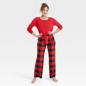Women's Henley Pajama Gift Set Stars Above Red Buffalo Plaid Flannel - Picture 1 of 3